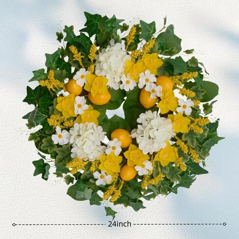 24 Inch Artificial Lemon Wreath for Front Door – Yellow Daffodils, White Hydrangeas, Green Leaves with Wheat Stalks – Spring Summer Wreath for Wall, Window, Party Decor in Saudi Arabia