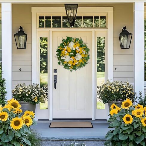 24 Inch Artificial Lemon Wreath for Front Door – Yellow Daffodils, White Hydrangeas, Green Leaves with Wheat Stalks – Spring Summer Wreath for Wall, Window, Party Decor in Saudi Arabia