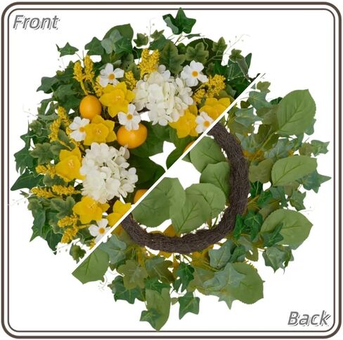 24 Inch Artificial Lemon Wreath for Front Door – Yellow Daffodils, White Hydrangeas, Green Leaves with Wheat Stalks – Spring Summer Wreath for Wall, Window, Party Decor in Saudi Arabia