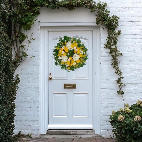 24 Inch Artificial Lemon Wreath for Front Door – Yellow Daffodils, White Hydrangeas, Green Leaves with Wheat Stalks – Spring Summer Wreath for Wall, Window, Party Decor in Saudi Arabia