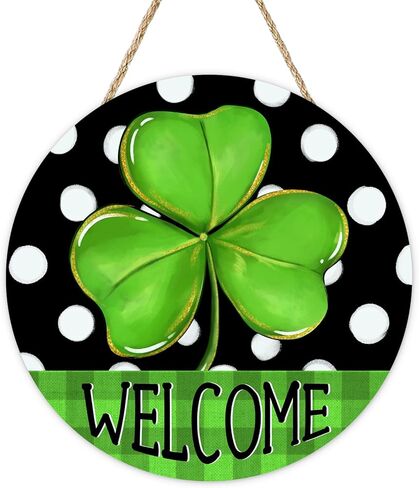 Welcome St Patricks Day Front Door Sign, Lucky Shamrock Clover Polka Dots Buffalo Plaid Wood Hanger Outdoor Outside Porch Home Decor, Irish Spring Wooden Wreath Indoor Wall Hanging Decoration in Saudi Arabia