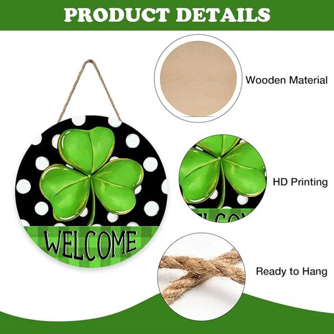 Welcome St Patricks Day Front Door Sign, Lucky Shamrock Clover Polka Dots Buffalo Plaid Wood Hanger Outdoor Outside Porch Home Decor, Irish Spring Wooden Wreath Indoor Wall Hanging Decoration in Saudi Arabia