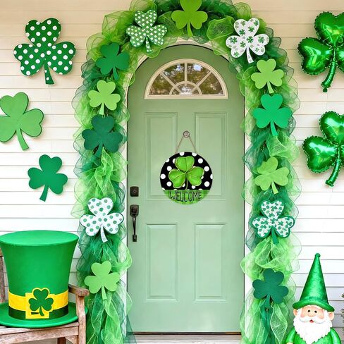 Welcome St Patricks Day Front Door Sign, Lucky Shamrock Clover Polka Dots Buffalo Plaid Wood Hanger Outdoor Outside Porch Home Decor, Irish Spring Wooden Wreath Indoor Wall Hanging Decoration in Saudi Arabia
