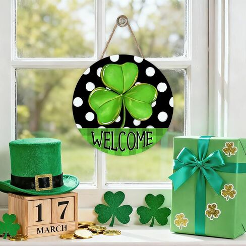 Welcome St Patricks Day Front Door Sign, Lucky Shamrock Clover Polka Dots Buffalo Plaid Wood Hanger Outdoor Outside Porch Home Decor, Irish Spring Wooden Wreath Indoor Wall Hanging Decoration in Saudi Arabia