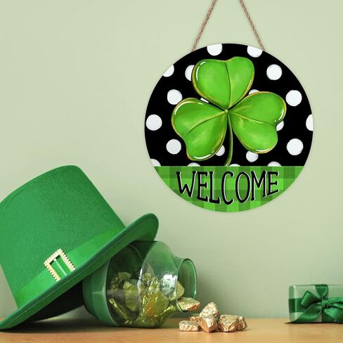 Welcome St Patricks Day Front Door Sign, Lucky Shamrock Clover Polka Dots Buffalo Plaid Wood Hanger Outdoor Outside Porch Home Decor, Irish Spring Wooden Wreath Indoor Wall Hanging Decoration in Saudi Arabia