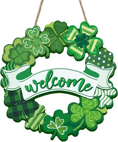 Welcome St Patricks Day Front Door Sign, Lucky Shamrock Clover Polka Dots Buffalo Plaid Wood Hanger Outdoor Outside Porch Home Decor, Irish Spring Wooden Wreath Indoor Wall Hanging Decoration in Saudi Arabia