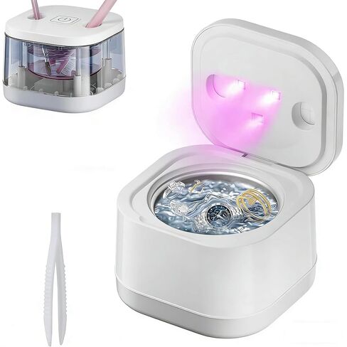 آلة تنظيف حامل بالموجات فوق الصوتية، مناسبة لتنظيف المجوهرات الذهبية والفضية، والمجوهرات، والساعات، والخواتم، ورؤوس فرشاة الأسنان، ومنظف الأشعة فوق البنفسجية بالموجات فوق الصوتية، (45 كيلو هرتز، 200 مل أبيض) in Kuwait