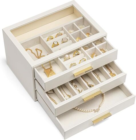 VLANDO Jewelry Box for Women, 3-Layer Jewelry Organizer with Drawers, Glass Lid Display Jewelry Storage, Soft PU Leather Exterior, Contrast Gold Metal Handles, Refined Style – Toffee in Saudi Arabia