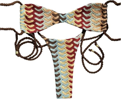 GORGLITTER Women's Crochet Striped Swim Suits Colorful Rope High Cut String Thong Bikini Set Cheeky Boho Bathing Suit in Saudi Arabia