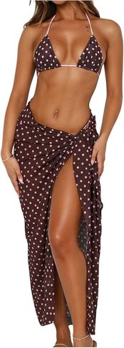 GORGLITTER Women's 3 Piece Polka Dots Swimsuits High Cut Thong Halter Bikini Sets with Long Mesh Cover Up Skirt in Saudi Arabia