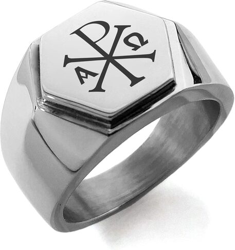 Stainless Steel Chi Rho Alpha Omega Hexagon Crest Flat Top Biker Style Polished Ring, Size 10 in Saudi Arabia