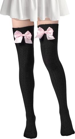 Women Thigh High Socks Extra Long Cute Knit Warm Thick Tall Long Boot Stockings Over the Knee Socks with Bow Leg Warmers in Kuwait