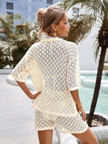 Womens Crochet Knit Swimsuit Cover Up 2 Piece Summer 2026 Mesh Bathing Suit Short Sleeve Beach Coverup Set in Kuwait