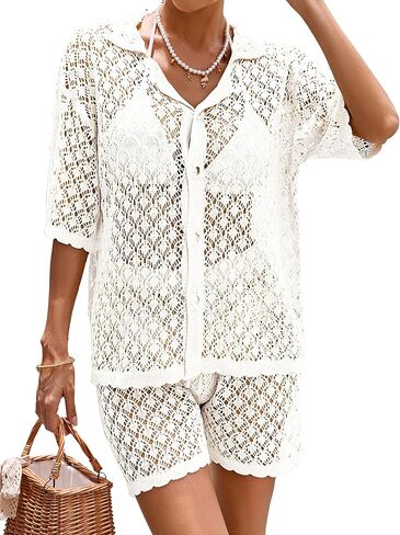 Womens Crochet Knit Swimsuit Cover Up 2 Piece Summer 2026 Mesh Bathing Suit Short Sleeve Beach Coverup Set in Kuwait