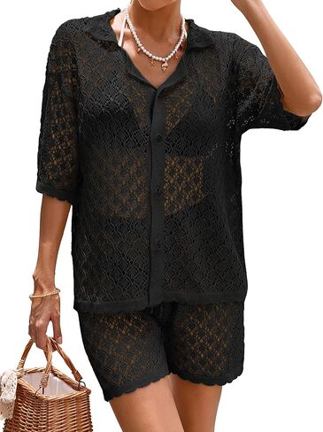 Womens Crochet Knit Swimsuit Cover Up 2 Piece Summer 2026 Mesh Bathing Suit Short Sleeve Beach Coverup Set in Saudi Arabia