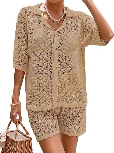 Womens Crochet Knit Swimsuit Cover Up 2 Piece Summer 2026 Mesh Bathing Suit Short Sleeve Beach Coverup Set in Kuwait