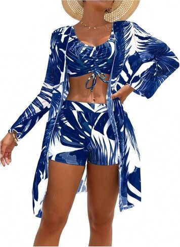 Women's 3 Piece Floral Bikini Sets Drawstring High Waisted Boyshort Swimsuits with Cover Up in Saudi Arabia