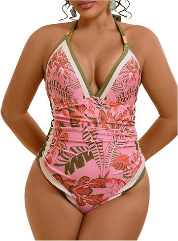 ملابس سباحة نسائية من OYOANGLE مقاس كبير قطعة واحدة ملابس سباحة للتحكم في البطن بالزهور على شكل حرف V ملابس سباحة متواضعة in Saudi Arabia