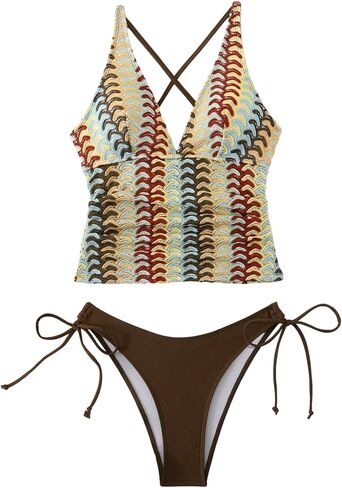 Floerns Women's Tankini Sets Criss Cross Jacquard Halter Swimsuit Tie Side Bathing Suit in Saudi Arabia