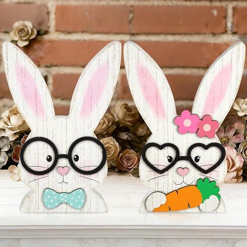 2Pcs Easter Decorations Indoor Bunny Couple Wooden Centerpieces for Tables Rustic Farmhouse Wood Table Sign Cute White Rabbit with Glasses Blocks Spring Home Decor Tiered Tray Office Desk Mantle Shelf in Kuwait