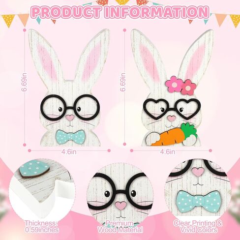 2Pcs Easter Decorations Indoor Bunny Couple Wooden Centerpieces for Tables Rustic Farmhouse Wood Table Sign Cute White Rabbit with Glasses Blocks Spring Home Decor Tiered Tray Office Desk Mantle Shelf in Kuwait