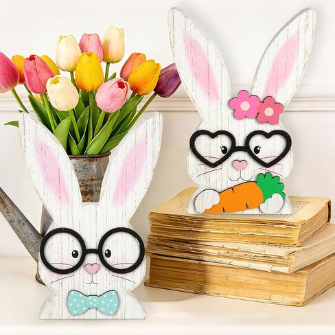 2Pcs Easter Decorations Indoor Bunny Couple Wooden Centerpieces for Tables Rustic Farmhouse Wood Table Sign Cute White Rabbit with Glasses Blocks Spring Home Decor Tiered Tray Office Desk Mantle Shelf in Kuwait