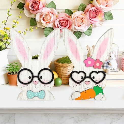 2Pcs Easter Decorations Indoor Bunny Couple Wooden Centerpieces for Tables Rustic Farmhouse Wood Table Sign Cute White Rabbit with Glasses Blocks Spring Home Decor Tiered Tray Office Desk Mantle Shelf in Kuwait
