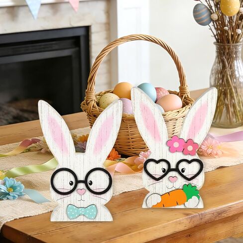 2Pcs Easter Decorations Indoor Bunny Couple Wooden Centerpieces for Tables Rustic Farmhouse Wood Table Sign Cute White Rabbit with Glasses Blocks Spring Home Decor Tiered Tray Office Desk Mantle Shelf in Kuwait