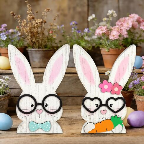 2Pcs Easter Decorations Indoor Bunny Couple Wooden Centerpieces for Tables Rustic Farmhouse Wood Table Sign Cute White Rabbit with Glasses Blocks Spring Home Decor Tiered Tray Office Desk Mantle Shelf in Kuwait