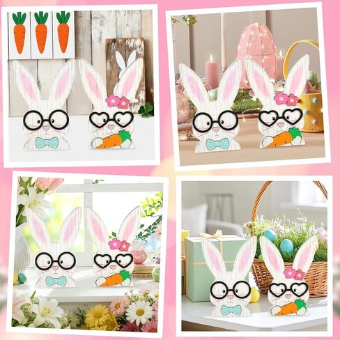 2Pcs Easter Decorations Indoor Bunny Couple Wooden Centerpieces for Tables Rustic Farmhouse Wood Table Sign Cute White Rabbit with Glasses Blocks Spring Home Decor Tiered Tray Office Desk Mantle Shelf in Kuwait