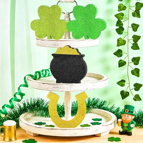 4 قطع ديكورات عيد القديس باتريك علامات خشبية، ديكور قطعة مركزية للطاولة الخشبية، ديكور على شكل نبات النفل، وعاء من الذهب، ديكور صينية متدرجة ليوم القديس باتريك المحظوظ لحفلة رف الطاولة المنزلية in Kuwait