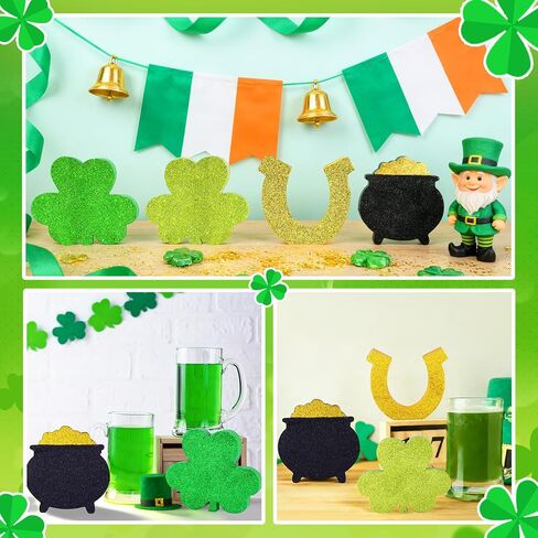 4 قطع ديكورات عيد القديس باتريك علامات خشبية، ديكور قطعة مركزية للطاولة الخشبية، ديكور على شكل نبات النفل، وعاء من الذهب، ديكور صينية متدرجة ليوم القديس باتريك المحظوظ لحفلة رف الطاولة المنزلية in Kuwait