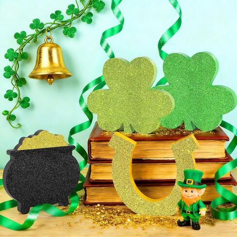 4 قطع ديكورات عيد القديس باتريك علامات خشبية، ديكور قطعة مركزية للطاولة الخشبية، ديكور على شكل نبات النفل، وعاء من الذهب، ديكور صينية متدرجة ليوم القديس باتريك المحظوظ لحفلة رف الطاولة المنزلية in Kuwait