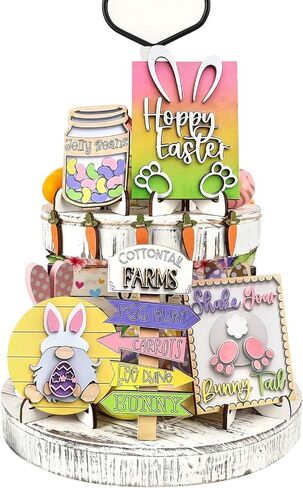 Tenn Well 19-Piece Easter Tiered Tray Decor Set - Bunny & Carrot Themed Spring Decorations with Pre-Assembled Stands & Hanging Rope for Home, Table, Kitchen (Yellow/Pink/Purple) in Saudi Arabia