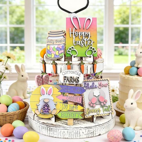 Tenn Well 19-Piece Easter Tiered Tray Decor Set - Bunny & Carrot Themed Spring Decorations with Pre-Assembled Stands & Hanging Rope for Home, Table, Kitchen (Yellow/Pink/Purple) in Saudi Arabia