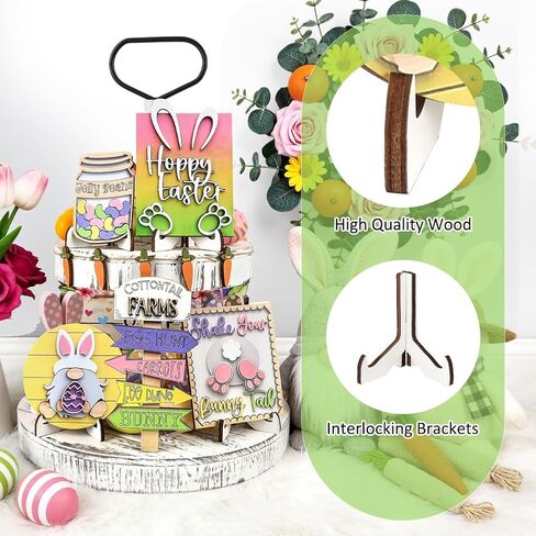 Tenn Well 19-Piece Easter Tiered Tray Decor Set - Bunny & Carrot Themed Spring Decorations with Pre-Assembled Stands & Hanging Rope for Home, Table, Kitchen (Yellow/Pink/Purple) in Saudi Arabia