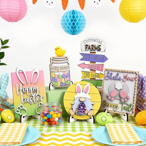 Tenn Well 19-Piece Easter Tiered Tray Decor Set - Bunny & Carrot Themed Spring Decorations with Pre-Assembled Stands & Hanging Rope for Home, Table, Kitchen (Yellow/Pink/Purple) in Saudi Arabia