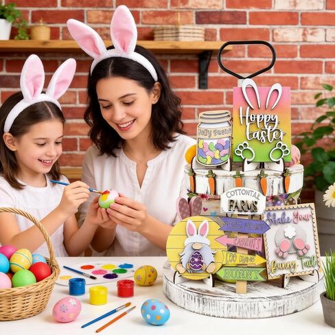 Tenn Well 19-Piece Easter Tiered Tray Decor Set - Bunny & Carrot Themed Spring Decorations with Pre-Assembled Stands & Hanging Rope for Home, Table, Kitchen (Yellow/Pink/Purple) in Saudi Arabia