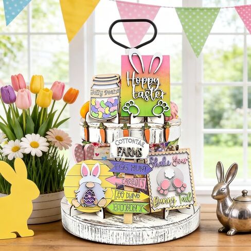 Tenn Well 19-Piece Easter Tiered Tray Decor Set - Bunny & Carrot Themed Spring Decorations with Pre-Assembled Stands & Hanging Rope for Home, Table, Kitchen (Yellow/Pink/Purple) in Saudi Arabia