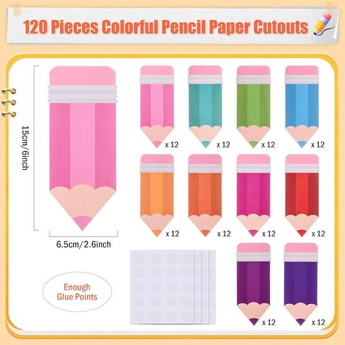 MixTeach 120Pcs Pencils Cutouts Paper Colorful Pencil Name Tags Pencils Shape Die Cuts 6Inch Bulletin Board Decorations with Glue Point for Classroom Back to School Locker Craft Projects Wall Decor in Saudi Arabia