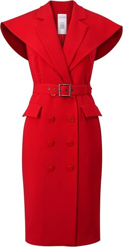 فستان بليزر نسائي من الفسكوز من CHIC STAR، أكمام قصيرة، صدر أمامي مزدوج مع أزرار، خصر بحزام مع إبزيم مربع in Kuwait