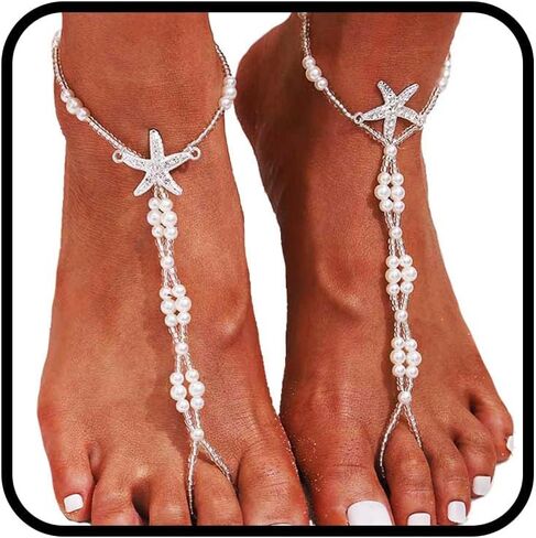 Boho Pearl Barefoot Sandals Beaded Anklets Bracelet Starfish Wedding Foot Chain jewelry 2pcs for Women and Girls in Kuwait