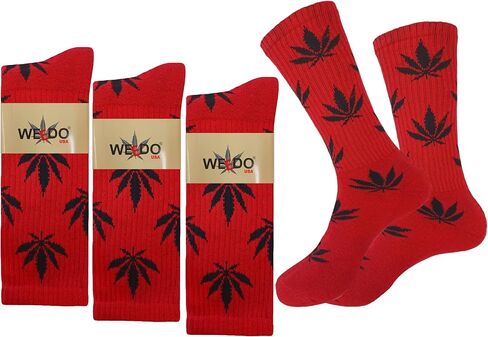 ويدو 3 أزواج من الجوارب للجنسين بطبعة أوراق الماريجوانا، جوارب جديدة بتصميم أوراق الاعشاب، جوارب عالية الطاقم، أحمر وأسود in Kuwait