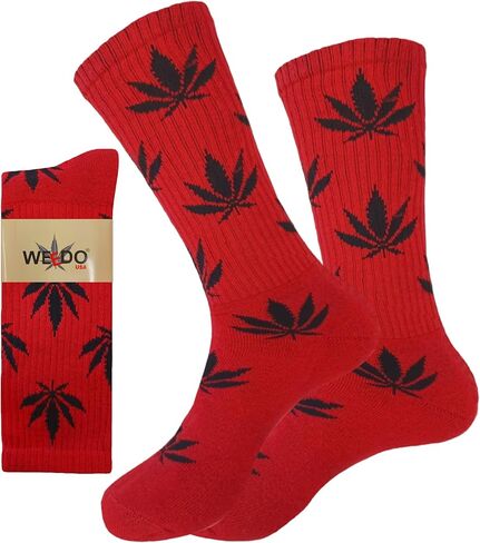 ويدو 3 أزواج من الجوارب للجنسين بطبعة أوراق الماريجوانا، جوارب جديدة بتصميم أوراق الاعشاب، جوارب عالية الطاقم، أحمر وأسود in Kuwait