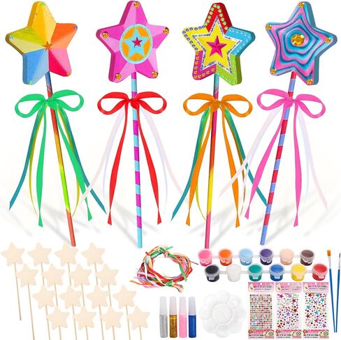 Mezchi 16 Sets 70 pcs Star Princess Fairy Wands Craft Kit, Wooden Princess Crafts to Paint, Include Wooden Princess Wand, Gem Stickers, Ribbons and Paint for DIY Make Your Own Wand, Fairy Party Decor in Kuwait