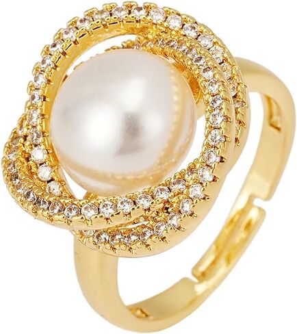 Sylph 18K Gold Plated Pearl Adjustable Ring with Zirconia – Elegant Jewelry for Women – Adjustable Luxury Wedding Statement Ring Open Ring Flexible Fit Birthday Jewelry in Kuwait