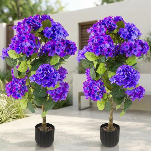 2 Pcs 3 Ft Artificial Hydrangea Trees Potted, UV Resistant Faux Silk Hydrangea Plant in Pot for Indoor Outdoor Decoration, Hydrangea Topiary for Garden Office Home Porch Patio Decor (2, White) in Saudi Arabia