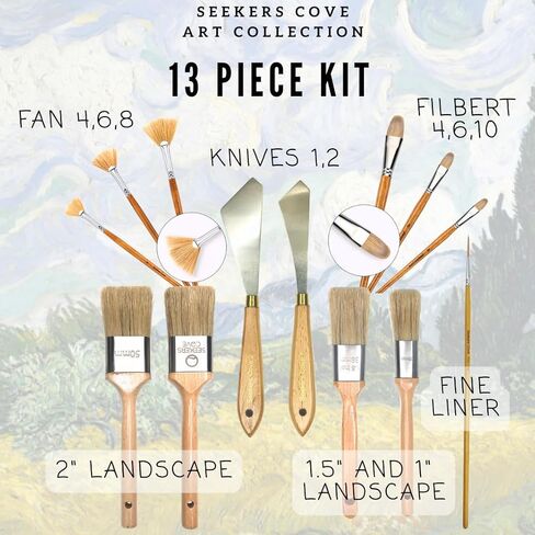 مجموعة فُرش رسم احترافية مكونة من 13 قطعة - مجموعة فرش المناظر الطبيعية - مبللة على الرطب - فرشاة مزج مقاس 1، 1.5، 2 بوصة، ومروحة، وفلبرت، وسكاكين، وقلم تحديد رفيع - شعيرات طبيعية - زيت وأكريليك in Kuwait