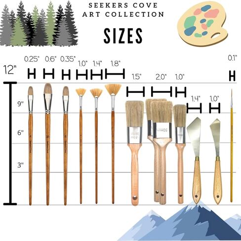 مجموعة فُرش رسم احترافية مكونة من 13 قطعة - مجموعة فرش المناظر الطبيعية - مبللة على الرطب - فرشاة مزج مقاس 1، 1.5، 2 بوصة، ومروحة، وفلبرت، وسكاكين، وقلم تحديد رفيع - شعيرات طبيعية - زيت وأكريليك in Kuwait