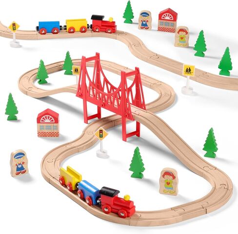 SainSmart Jr. Wooden Train Set for Toddler with Suspension Bridge - 37 Pcs Wooden Tracks fits Fits Brio, Thomas, Melissa and Doug, Train Toy for 3 4 5 Years Old and Up in Kuwait